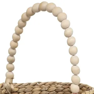 Water Hyacinth Round Storage Basket With Beaded Handle And Pink <b>Tassels</b> Bohemian Style <b>Craft</b> Decor for Kid Room - Product Image 2