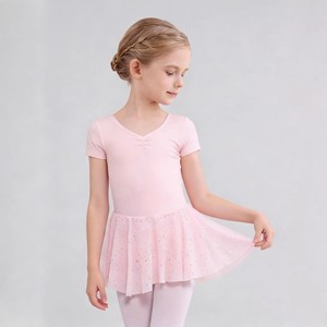 Kids Short Sleeve V Neck Ballet Leotard Dress, Pink <b>Glitter</b> Tulle Tutu <b>Skirt</b> Girls Gymnastics Dance Costume for Training Perform - Product Image 2