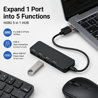 5'i 1 Arada Güçlü USB 2.0 Hub 4 Portlu 480Mbps 5V Güç Girişli Taşınabilir ABS USB Bölücü Dizüstü Bilgisayarlar için Stokta Mevcut