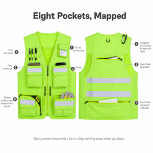 Gilet <span class=keywords><strong>de</strong></span> sécurité haute visibilité multi-poches pour géomètre, en maille respirante, réfléchissant, avec fermeture éclair, anneau en D et passants pour stylos, pour <span class=keywords><strong>la</strong></span> construction et les travaux <span class=keywords><strong>de</strong></span> topographie - Product Image 6