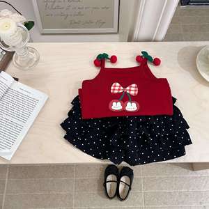 Tongxingyuan Girls Summer Sleeveless Top Polka Dot Skirt Set Cherry Print Cotton Outfit - Product Image 2