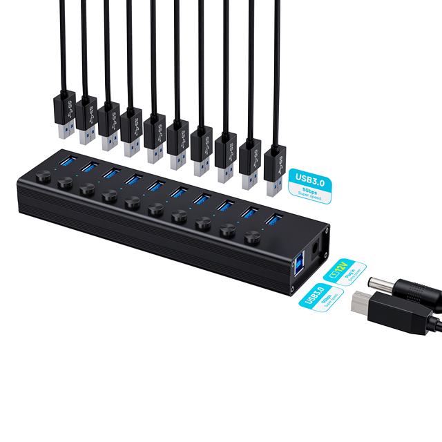 2024 OEM ODM High Quality Factory Wholesale USB 3.0 HUB 10 PORTS with 12V 5A Power Adapter Charging Hub, Super Speed Data Hub