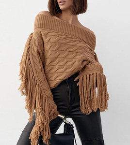 Maglione lavorato a <span class=keywords><strong>maglia</strong></span> da donna con nappine ispessite <span class=keywords><strong>monospalla</strong></span> manica lunga Pullover in lana corta - Product Image 6