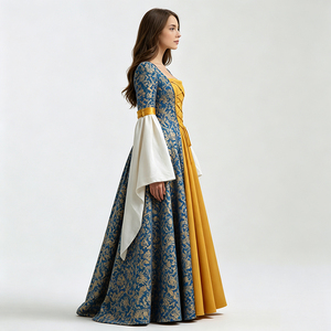Abito <span class=keywords><strong>da</strong></span> Principessa Medievale Rinascimentale per Donna, Vestito Lungo Vittoriano Blu e Oro con Maniche a Campana, <span class=keywords><strong>Costume</strong></span> <span class=keywords><strong>da</strong></span> <span class=keywords><strong>Regina</strong></span> per Halloween - Product Image 1