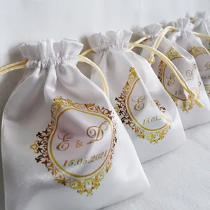 Benutzer definierte Gold Ornamente Danke Tags Party Favor Gäste Kompliment Hochzeit Seide Satin Kordel zug Taschen für Süßigkeiten