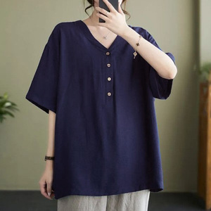 Women's Short Sleeve V-Neck Top With Buttons Cotton Poplin Loose Fit Casual Work Wear White Gray Navy Blue - Product Image 3