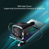 Chargeur de voiture multi-ports 90W Super Rapide 4 USB Type-C avec câble rétractable 30W PD QC3.0 Charge rapide pour iPhone Samsung