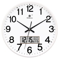 Jam Dinding Quartz Bulat Tanpa Suara Layar LCD Kalender Temperatur Analog Digital Jam Gantung untuk Ruang Tamu