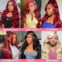 Perruque de Cheveux Humains Frontale Rouge Bordeaux 99J Bruts Vietnamiens, Lisse Baguette et Body Wave, Perruques Frontales HD Lace pour Femmes Noires