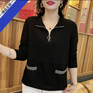 Women's Lapel Long Sleeve T-Shirt With Zipper Khaki Loose Fit Pocket Design Mom Size Spring Top - Product Image 4