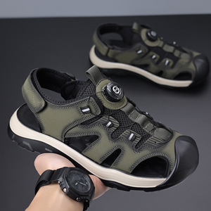 Sandales décontractées pour hommes, perforées, grises, respirantes, à bout fermé, avec fermeture Velcro, talon plat, pour la randonnée et la plage - Product Image 2