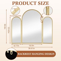 Miroir de courtoisie pliant à trois volets arqué, avec cadre en métal doré/noir/doré vintage, pour coiffeuse et chambre à coucher