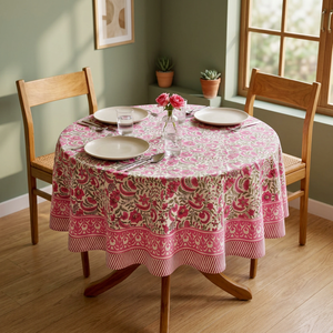 Hand Block Printed <b>Round</b> Cotton <b>Tablecloth</b> Floral Pattern 45 Inch Washable Classic Home Use - Product Image 2
