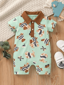 Polo de bebé con estampado de oso de peluche, mono de manga corta con cuello - Product Image 3