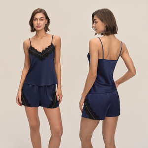 Ensemble pyjama en soie pour femmes, avec dentelle, col en V, sans manches, short, vêtements de nuit, couleur unie, finition satinée, lingerie d'été, 2 pièces - Product Image 2