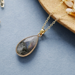 Collier simple en pierre naturelle en forme de larme, plaqué cuivre, or, bijoux de tous les jours, unisexe - Product Image 3