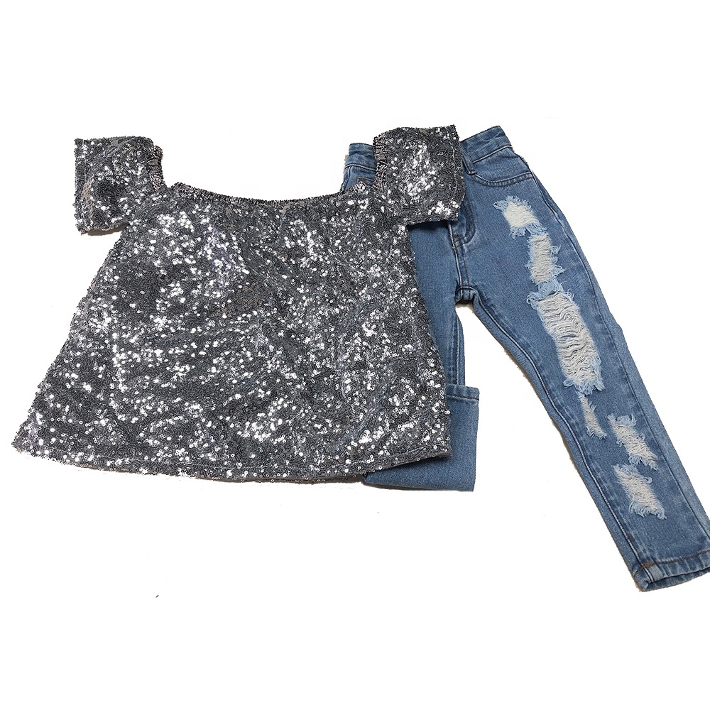 OEM Одежда с блестками для маленьких девочек, шикарное платье, Детская футболка с открытыми плечами