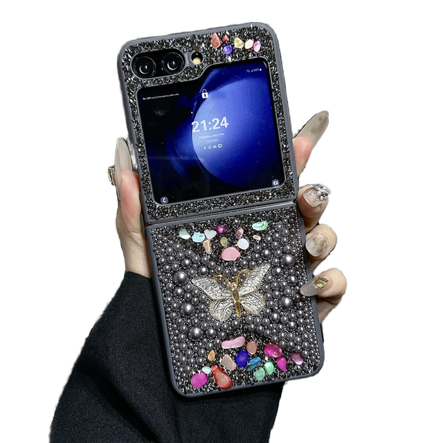 Luxury Bling Rhinestone Phone Case for Samsung Z Flip 3 4 5 6 7 Protective Cover Glitter Sparkle Diamond Pearl Butterfly Design