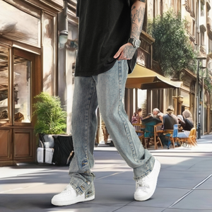 JL Men's Blue Painted Mid Stacked Straight Denim <strong>Jeans</strong> Color Fade Proof Custom <strong>Label</strong> High Street Style Woven Baggy Washed - Product Image 3
