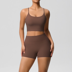 Beau costume de yoga respirant pour femmes Cross-Border Sanded Solid Color Sports Running Fitness Shorts Suit - Product Image 3