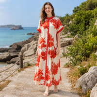 Robe longue élégante pour femme à imprimé floral rouge, col montant, boutonnée, style chemise, décontractée pour l'été