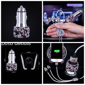 Roadstar Car Charger Accessories Set Rhinestone Dual USB Car Chargers 3 in 1 Nylon Braided Charging <strong>Cable</strong> Crystal Car Decoration - Product Image 2