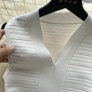 Gilet senza maniche gonna <span class=keywords><strong>in</strong></span> <span class=keywords><strong>maglia</strong></span> da donna estate sottile collo a V a vita plissettata <span class=keywords><strong>abito</strong></span> aderente - Product Image 6