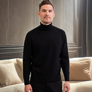 Pull à col roulé en tricot noir uni pour homme, manches longues, vêtements d'hiver - Product Image 2