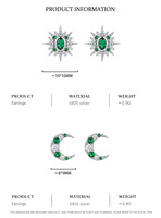 Vente flash - Boucles d'oreilles étoile et lune en argent sterling S925 |   Pierre Nano Verte Plaquée Platine |   Pierres facettées blanches pour femmes