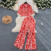 Ensemble deux pièces bohème pour femmes, imprimé floral, chemise courte à manches courtes, pantalon large à taille haute élastique, tenue décontractée pour les vacances