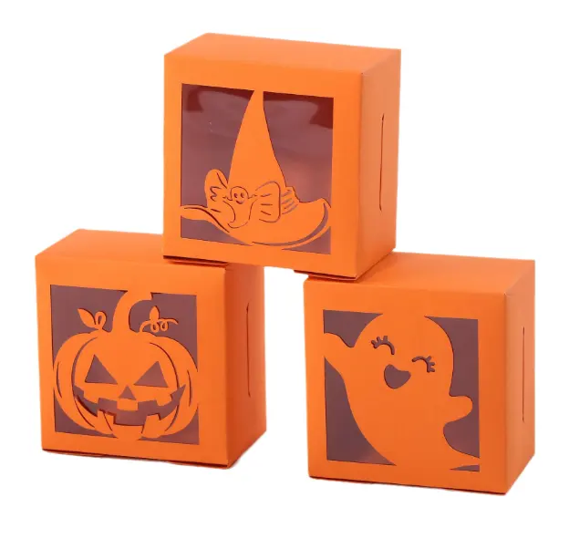 Caixa de doces divertida europeia para Halloween, caixa de PVC ondulada para biscoitos e cupcake, caixa quadrada dobrável para bolos e biscoitos, produto comestível