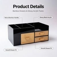 Boîte de rangement de bureau en acrylique noir avec tiroirs en bambou, organisateur multi-compartiments pour fournitures de bureau, maquillage, coiffeuse et comptoir de salle de bain