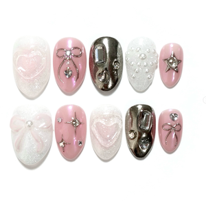 <span class=keywords><strong>Uñas</strong></span> Postizas Reutilizables con Diseño de Corazón y Lazo para San Valentín, Forma Almendrada Corta/Media, Cobertura Completa, con Pegamento, para Uso en Salón, Venta al Por Mayor - Product Image 4