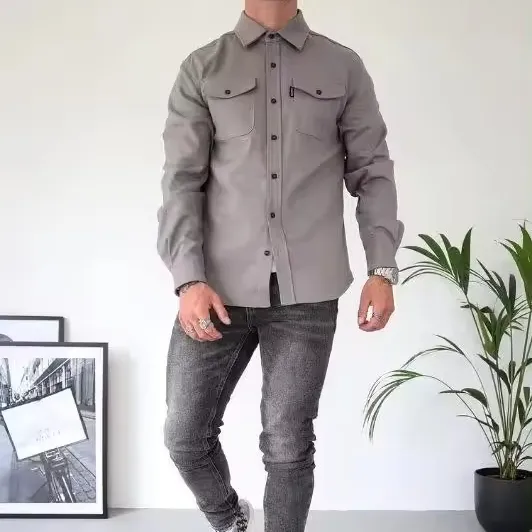 Camisa de manga comprida masculina com botões e gola virada para baixo, camisa casual de cor sólida, novidade da moda por atacado, outono e inverno