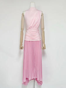 Nuovo Arrivo: Abito <span class=keywords><strong>Lungo</strong></span> Rosa da Donna <span class=keywords><strong>Monospalla</strong></span> con Collo Alto e Pieghe per Uso Quotidiano - Product Image 5