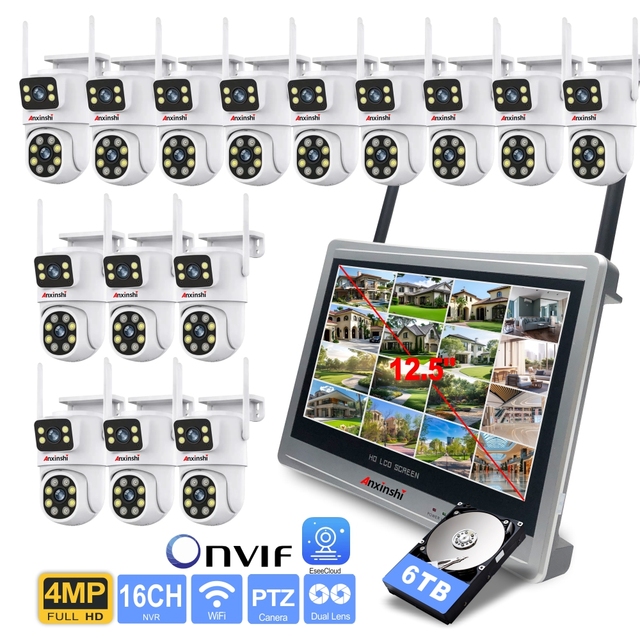 16Channels Wireless Security Camera System with 12.5icn Screen 4K Dual Lens Smart Wifi Security Camera Pan Tilt Rotation