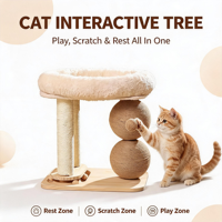 Arbre à chat tout-en-un avec niveaux, griffoir en sisal, lit en peluche, jouet à bille rotatif pour l'auto-entretenue et le soulagement de l'ennui