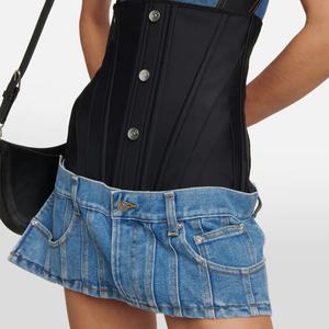 Mini-jupe en jean bleu tendance avec ouverture boutonnée et construction corset noire pour femme - Product Image 4