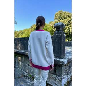 Maglione lavorato a <span class=keywords><strong>maglia</strong></span> con colletto e polsini <span class=keywords><strong>fucsia</strong></span>, da <span class=keywords><strong>donna</strong></span>, casual, a maniche lunghe, anti-pilling, bianco con dettagli rosa - Product Image 1