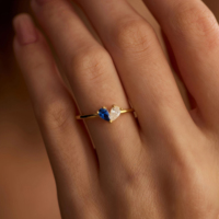 Bague double goutte d'eau en acier inoxydable plaqué or 18 carats avec pierres de naissance des 12 mois, bague cœur double pierre de naissance DIY, cadeau d'anniversaire - Vente chaude