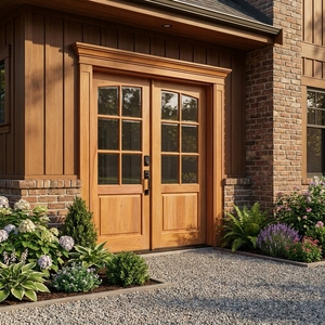 Porte d'entrée double en bois massif de style américain, avec un design cintrée et des panneaux de verre à 6 vitres, équipée d'une serrure intelligente. - Product Image 5