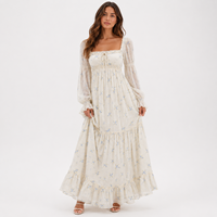 Robe longue d'été à volants pour femme, imprimé floral pastel, buste smocké, manches transparentes, légère, longueur complète, tenue de vacances