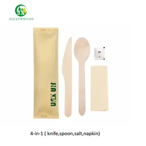 4-in-1 Content Knife Spoon Salt Napkin Customised Biodegradable Travel Disposable Wooden Cutlery Set