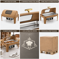 Réchaud de buffet rectangulaire LQ, grain de bois chêne clair, 9L, couvercle incurvé en acier inoxydable 201, fenêtre en verre, poignée dorée, réservoirs de combustible