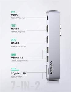 UGREEN USB C <strong>to</strong> Dual-HDMI <strong>Adapter</strong> 7 in 1 USB C <strong>Thunderbolt</strong> <strong>3</strong> <strong>Adapter</strong> <strong>to</strong> Dual HDMI <strong>2</strong> USB3.0 100W PD Port USB C <strong>to</strong> SD TF Card - Product Image 3