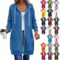 Sweat-shirt à capuche zippé long en tricot pour femme, style délavé, doublure polaire chaude, confortable et oversize, idéal pour l'hiver (vente en gros)