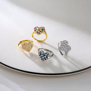 Bague ouverte coeur en cristal Zircon micro pavé bague réglable coeur en pierre CZ brillante plaquée or et argent - Product Image 1