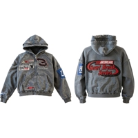 Sweat à capuche zippé en coton épais personnalisé OEM, avec broderie de patchs vieillis, design à double capuche perlée, style streetwear oversize
