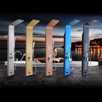 Panneau de douche mural en acier inoxydable doré avec pommeau de douche pluie, colonne de douche, écran et système de robinetterie mitigeur