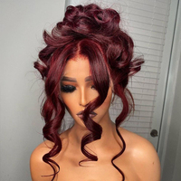Perruque sans colle de luxe en cheveux humains vierges vietnamiens, bouclée bordeaux, HD 13x4 13x6, avec ligne de cheveux pré-coupée et pré-épilée